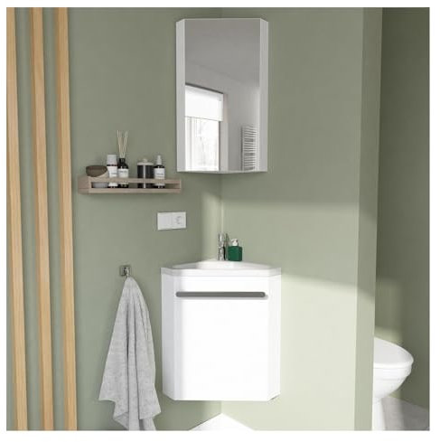 MOB-IN Ensemble Lave-Mains d'angle SKINO Blanc + Vasque + Armoire de Toilette