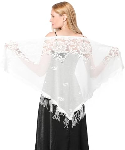 simarro Dreieck Spitze Stola, Umhang Spitzenschal Umhang Schal mit Quasten Mesh Schals Stola Damen für Hochzeit Abend Party Braut(Weiß)