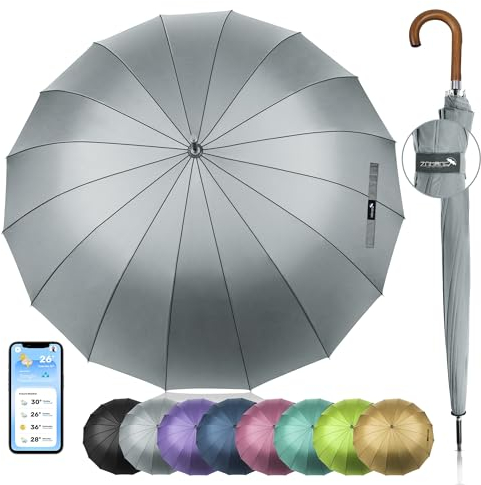 ZOMAKE Regenschirm Groß XXL,16 Rippen Stockschirm Sturmfest Stabil,55 inch Golf Regenschirme Großer Automatik Mit Holzgriff,Schirm Windsicher Regenfest Reise für Herren Damen(Grau)