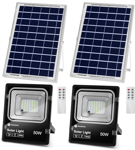 Aigostar-Projecteur solaire LED d’extérieur avec panneau solaire,50W.,6500K.Projecteur ultra lumineux avec protection IP66. Lumière solaire extérieure pour jardins,portes,cours,garages,etc,2 Paquets