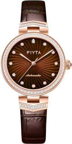 FIYTA Klassische Diamant-Automatikuhr für Damen, 3 Zeiger, minimalistisches großes Zifferblatt, synthetisches Saphirglas, Lederband, 32 mm