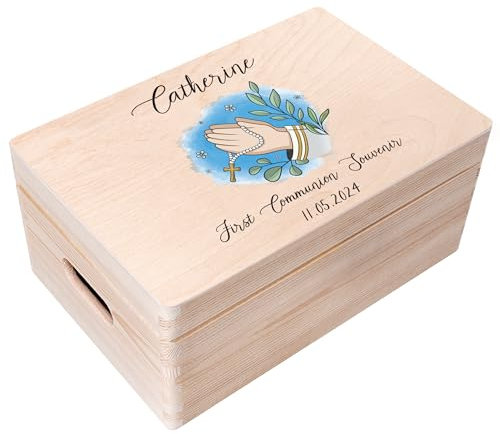 Creative Deco Personnalisé Première Communion Cadeau Boite | Boîte à Souvenirs en Bois pour Garçon et Fille | Personnalisés - Prière du chapelet | Personnalisable Idée Coffret Décorations