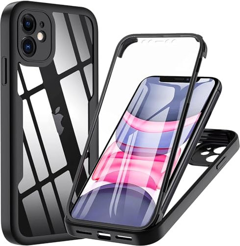 XYZNTMF for iPhone 12 Case with Built-in Screen Protector Shockproof Silicone Bumper Hard Clear Shell Full Body Protective Cover Rugged Transparent Back Case for iPhone 12, Black