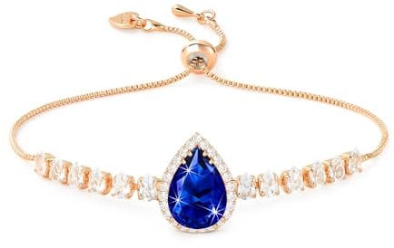 Linawe Sapphire Blue Crystal Imitation Diamond Bracelet, Rhinestone Charm Rose Gold Chain Bracelet Set, Teardrop Birthstone Cubic Zirconia Cute Bracelet, Prom Wedding Preppy Jewellery