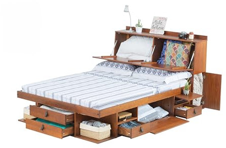 Memomad ETT mit Stauraum 140x190 + Funktions-Kopfteil + Lattenrost: Set Bali Karamell. Doppelbett und Kopfteil aus massiv Holz Kiefer mit viel Stauraum und Bettkasten, ideal f. kleine Schlafzimmer