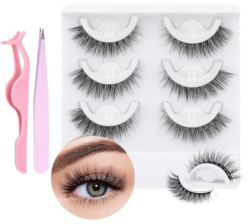 GMHLLES Self Adhesive Eyelashes, Natural False Eyelashes Wispy Faux Mink Lashes Natural Strip No Glue Reuseable 3D Volume C Curl
