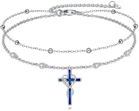 YAFEINI Kreuz Knöchel Armbänder Sterling Silber Religius Doppelkette Fußkettchen Christliche Taufe Layered Fußkettchen Schmuck Geschenke für Damen Mädchen (Faith Kreuz Fußkettchen)