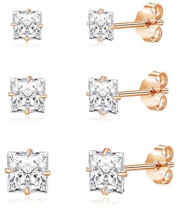 Cangall Silver Studs Earrings for Women, 3 Pairs 925 Sterling Silver Square Stud Earring Set, Unisex Tiny Hypoallergenic Earrings Rose Gold, Cartilage Sleeper Cubic Zircon Men's Earrings Rose Gold