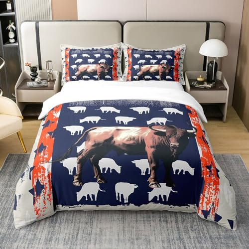 Longhorn Kuh 100% Baumwolle Bettbezug Kuh Print Tröster Abdeckung Blau Rote Streifen Bettwäsche Set Blaue Sterne Muster Bett Set Vintage Land Bettbezug 135x200