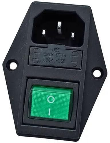 Kaltgeräte Einbau-Buchse C14, mit Grünem Schalter und Zwei Sicherungen, 3-Pin 220-250V/10A Audio Kaltgeräte-Buchse Einbau Kupplung Stecker Buchse, 3-in-1 Einlassmodulstecker mit Schalter, beleuchtet