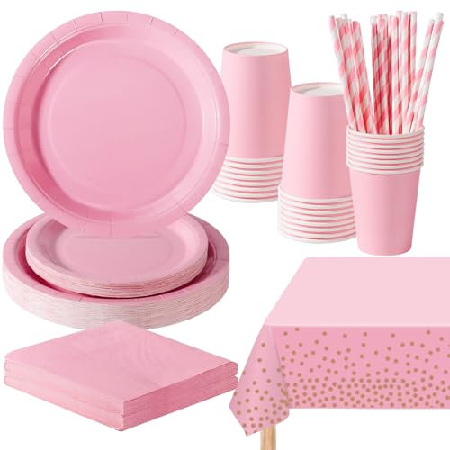 PYAILI 121 Piezas Rosa Claro Vajilla Fiesta Cumpleaños, Platos y Vaso Cumpleaños Infantil, Set de Party Decoración Platos Servilletas para Navidad, Barbacoas, Fiestas -24 Invitado