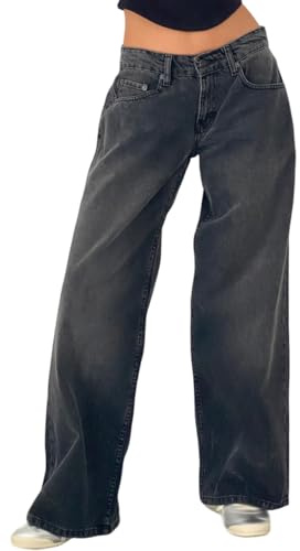 Onsoyours Jean Femme Taille Basse Coupe Droite Straight Jeans Y2K Baggy Jambes Larges Pantalon en Denim Automne Hiver Elastique Jeans A Gris XS