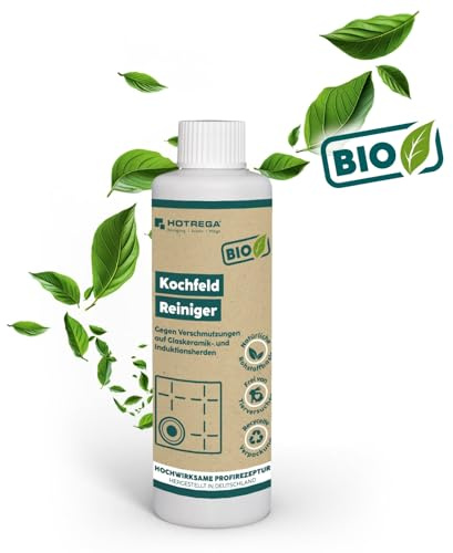 HOTREGA Bio Kochfeld Reiniger 250 ml | Glaskeramik & Induktion Politur | Entfernt Eingebranntes, Fett sowie Kalk | Reduziert feine Kratzer | Ökologisch für Edelstahl, Spüle, Kupfer & Messing