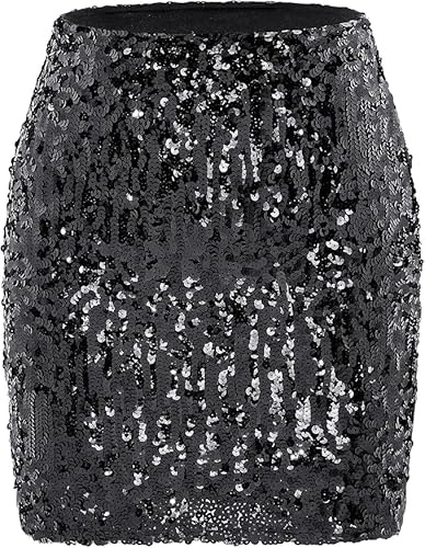 Nujvnuj Jupe pailletée pour femmes à paillettes – Jupe crayon courte et sexy midi avec taille élastique pour les fêtes et les événements, Noir , L