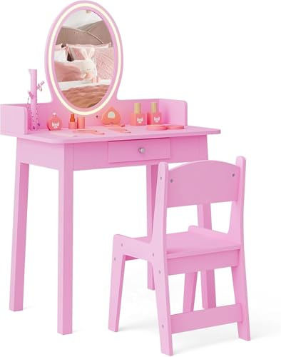 RELAX4LIFE Toeletta Trucco per Bambina con Luci LED, Specchiera Trucco con Sgabello, Toeletta in Legno, Specchio Rimovibile, per Bambini 3+ Anni (Rosa)