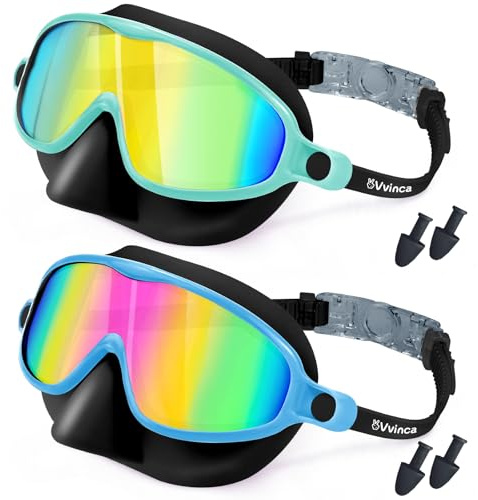 Vvinca 2er Set Schwimmbrille mit Nasenschutz für Kinder 3-15 Jahre | Weitwinkel-Tauchmaske Wasserdicht Antibeschlag/UV-Schutz