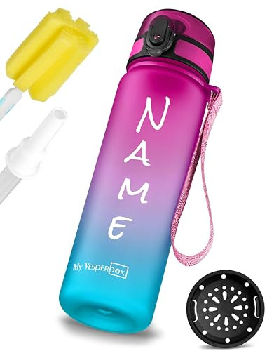 My Vesperbox – Minny - Kinder Trinkflasche - Personalisiert mit deinem Name – 500,750, 1000ml ink. Strohhalm oder Sieb - BPA frei - für Kindergarten, Schule, Sport, Freizeit (Lila - Blau 750ml)