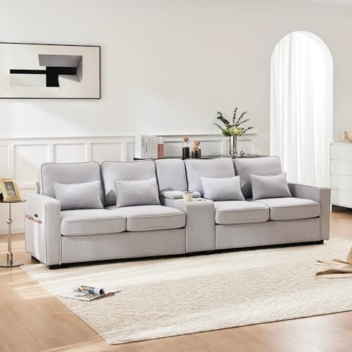 Merax Sofa 4 Sitzer Modern Couch mit Konsole, 2 Getränkehaltern und 2 USB-Ladeanschlüsse Polstersofa mit Armlehnen-Taschen und 4 Kissen, für Wohnzimmer/Schlafzimmer/Gästezimmer, Gray