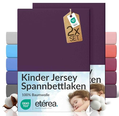 etérea Jersey 2er Set Spannbettlaken 80x160cm - 80x180cm Pflaume bis 20 cm Höhe - 100% Baumwolle Spannbetttuch Oekotex - Kinder Doppelpack Bettlaken 80x160 cm - 80x180 cm - Lila