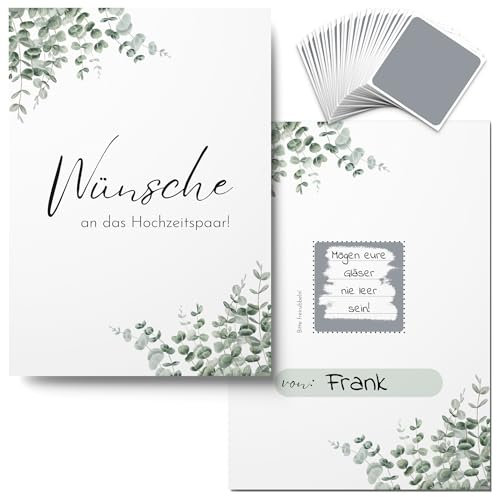 50x Wünsche an das Hochzeitspaar - Rubbelkarten Wunschkarten als Alternative zum Gästebuch (Eukalyptus)
