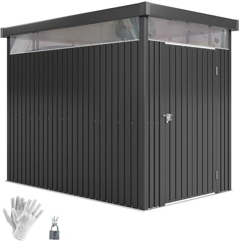 Outsunny Abri de Jardin 4m² en Acier galvanisé avec Trous de Drainage et fenêtres Transparentes en Acrylique, abri à Outils avec Toit, Porte verrouillable avec clés et Gants, Gris foncé