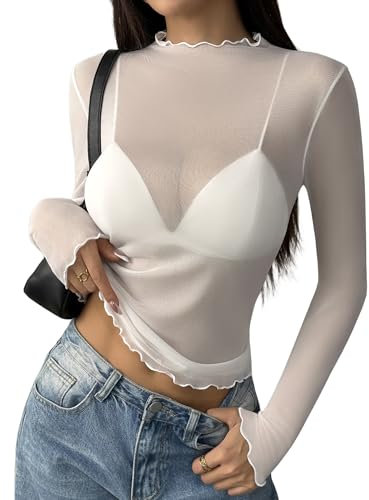 Zeagoo Camiseta Transparente Mujer Sexy Manga Larga Malla Top See Through Camisas Tul Mesh Tops Clubwear Elegante Elástico Blusa Escote Alto Casual T-Shirt Blanco M