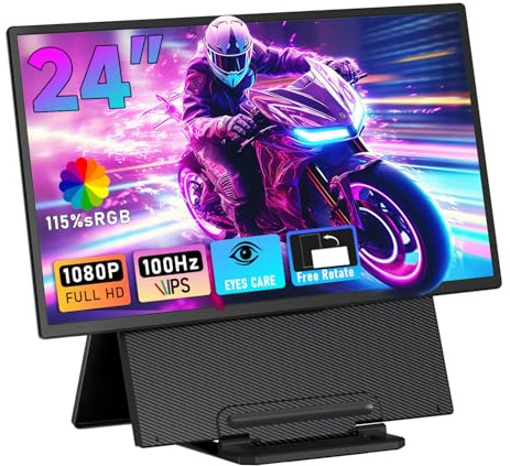 Portable Monitor 24 100Hz for Work Home Office Game, 1080P FHD IPS Laptop Screen Extender with Rotating Stand & VESA, Laptop Monitor Extender USB-C HDMI Plug-Play for Mac Windows PS Switch Xbox Phone