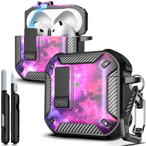 R-fun für AirPods 5/4 Hülle, Carbon-Look, Ständer, Starry | Für AirPods 5/4 (2026/2024), MagSafe-kompatibel, militärische Fallschutz-Abdeckung, Auto-Öffnen, Karabinerhaken/Reinigungsset