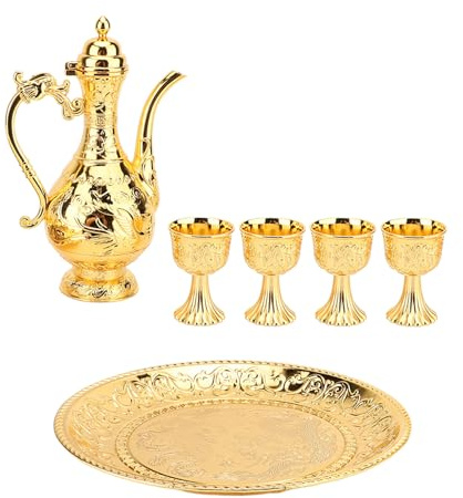MUNEFE Turkish Coffee Pot and Cups Set, Turkish Teapot Tea Tray Cup Set, Vintage Coffee Pot Cups Set for Wine Cabinets, Bars, Coffee Tables, Or Desks (Bronce) (Oro)
