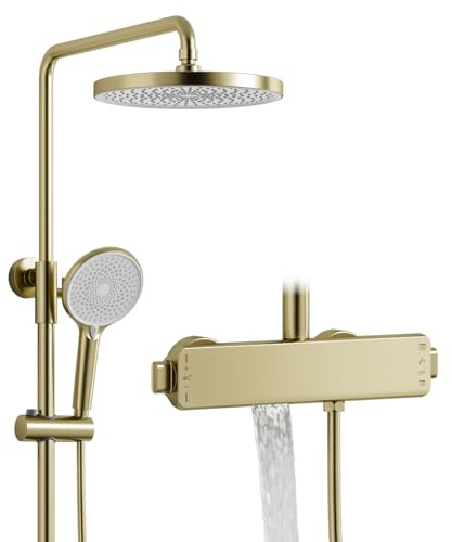 Duschsystem, Regendusche Thermostat Mit Wasserhahn, 3 Funktions Handbrause, 3 Strahlarten, Duschsäule Duschset Für Dusche, Messing Badezimmer Duschgarnitur (Gebürstetes Gold)
