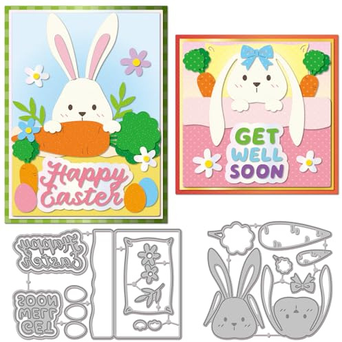 GLOBLELAND Osterhasen Metall Stanzschablone Frohe Ostern Papierpräge Stanzschablonen Set Gute Besserung Stanzformen für Kartenherstellung DIY Papier Scrapbooking Handgefertigtes Fotoalbum