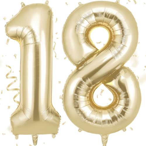 AOOSU Zahlen Luftballon 18. Geburtstag Hellgold, 40 Zoll Folienballon Zahl 18, 101cm Riesenzahl Ballon Geburtstagsdeko für Geburtstag Party Dekoration Jahrestag Dekorationen