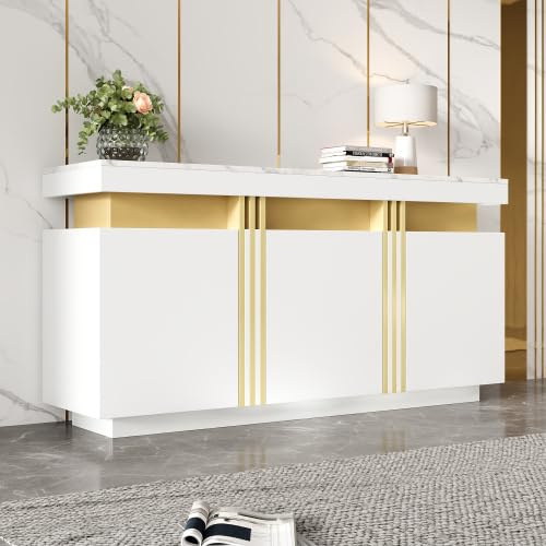 muenfly Buffet moderne blanc avec accents dorés et plateau marbré, 140 cm, meuble TV avec 3 portes, commode élégante pour le salon, comme meuble de couloir étroit ou buffet de salle à manger