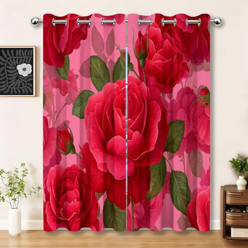 Dekorative Vorhänge Blickdicht 2er Set H 240 × B 132 cm - Aquarell Romantik Rosen Elegant Muster Ösenvorhänge für Wohnzimmer Schlafzimmer - Rosa Rot Weiche Blackout Gardinen, Thermo & Sichtschutz