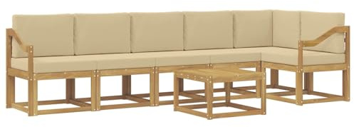 vidaXL Outdoor-Sofagarnitur mit Kissen 7 pcs Weiß und Beige Polyester, Modernes Garten-Sofa Set, wetterfestes Möbel, Sektional für die Terrasse, Akazienholz, Entspannung im Freien