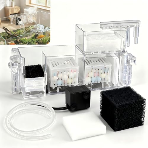 Aquarium Filter,Rucksackfilter Außenfilter mit leiser Pumpe,3W-3-Filterung | Aquarienfilter,Hang on filter Wasserfall-Design mit Filtermaterial&Schwamm,für Nano Aquarium,Aquarium klein 60l-200l