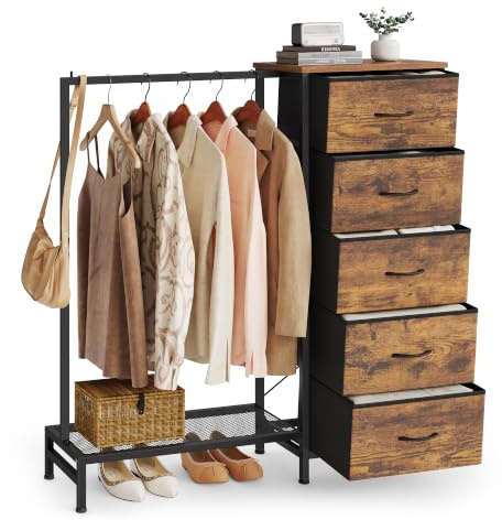 SONGMICS Kommode mit 5 Stoff Schubladen und Kleiderstange | Schuhablage, links oder rechts montierbar, 96,2 x 30 x 117,7 cm, Vintagebraun, BELLAH Kollektion LGS423K101