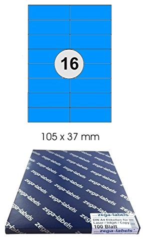 1.600 Etiketten 105 x 37 mm BLAU selbstklebend auf DIN A4 Bögen (2x8 Etiketten) - 100 Blatt Pack - Universell für Laser/Inkjet/Kopierer einsetzbar - 105x37mm 16-teilig