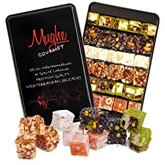 Mughe Gourmet - Delizia Turca con Pistacchi Sultan - Elegante Scatola Regalo di Lusso - Lokum Pistacchio, Arancia, Nocciola e Mandorle - 650g - Halal e Vegetariano - Perfetta per Compleanni, Natale