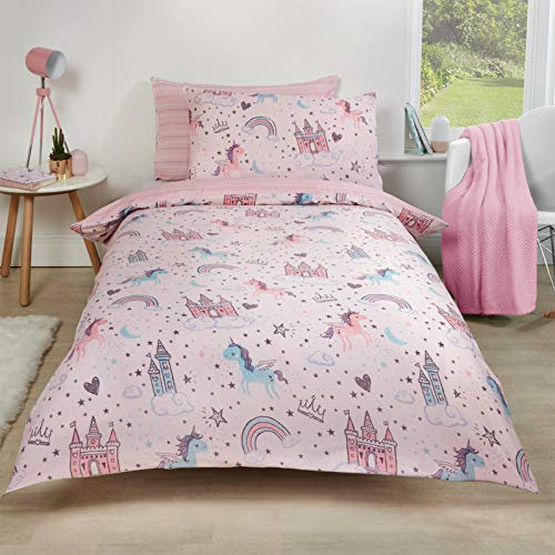 Dreamscene Unicorn Kingdom Duvet Cover with Pillow Case Reversible Star Stripe Bedding Set, Magical Fairy Castle Pink - Double