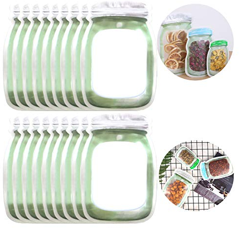 Enkrio 20 Pack Reusable Mason Jar Bags Reusable Mason Jar Zipper Bags Food Storage Bag for Kitchen Food Snack Sandwich Leakproof Snacks Food Saver Bags