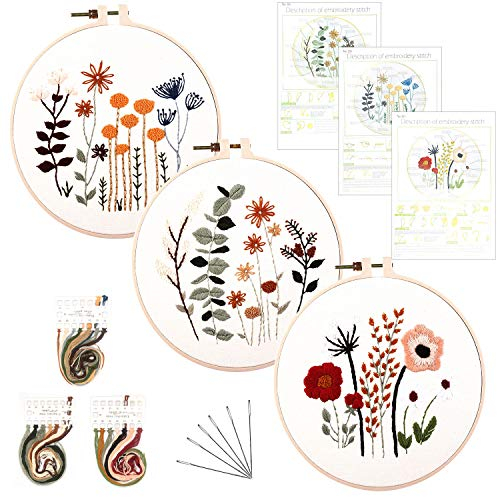 O'woda Anfänger Stickerei Set, Runde Einstellbare Stickerei Tool Kit,Starter Kit mit 1 Stickrahmen, Stickgarn,3 Vorlage 9 Nadel, für DIY Kunst, Handwerk, Nähen