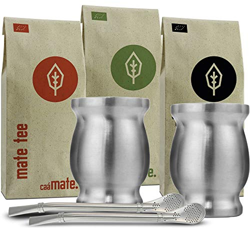Mate Tee Set Bio ● 3 Matesorten + 2 doppelwandige Edelstahl Matebecher + 2 Bombillas + Zubereitungsanleitung (silber)