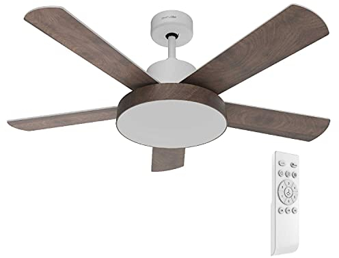UNIVERSALBLUE Ventilador de Techo con Luz LED Silencioso | Mando a Distancia | 5 Aspas Reversibles | Diámetro 122 cm | Potencia 60 W | Temporizador | Motor DC | 6 Velocidades | Blanco o Madera