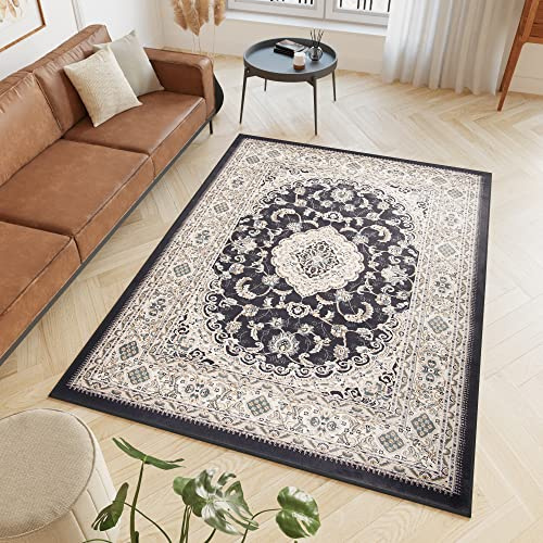 TAPISO Dubai Teppich Kurzflor Klassisch Orientalisch Creme Schwarz Floral Ornament Bordüre Design Wohnzimmer Schlafzimmer Meliert ÖKO-TEX 160 x 220 cm