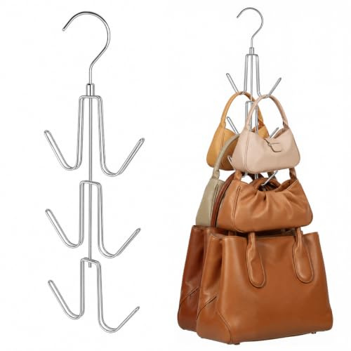 ZEDODIER 2 Pack Purse Organizer for Closet, Heavy-Duty Hanging Purse Hanger Closet Holds Up to 12 Purses, Metal Rotating Space Saving Bag Holder Handbag Storage Hook Backpack Rack, Silver