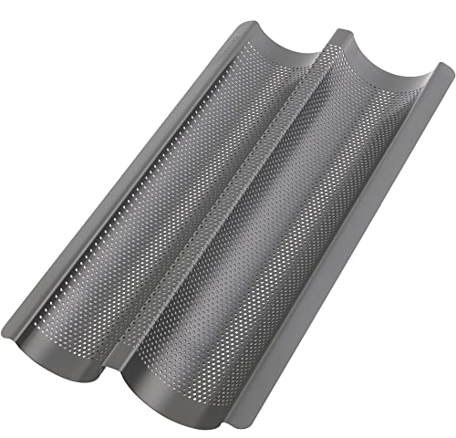 GOURMEO Anti-adhésif Moule à Baguette pour Four en Anthracite - 38,5 x 20,5 x 3,5 cm - Plaque a Pain Perforé pour Cuisson de 2 Baguettes - Facile à Utiliser et à Nettoyer - Couleur Anthracite