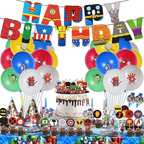 Newtic 105pcs-Superhelden Geburtstagsdeko Dekorationen, Superheld Luftballons,Superheld Partygeschirr Alles Gute Zum Geburtstag Girlande Tortendeko Geschirr für Kinder Partyzubehör