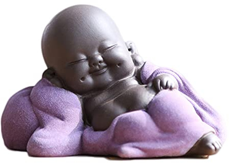 Qikuver Lachender Maitreya Buddha, Keramik-Buddha-Statue, Tee-Skulptur, Kleiner Mönch, Dekoration, Tee-Set für Zuhause, Büro, Auto, Geschenk, Kunsthandwerk und Kunst (Violett)
