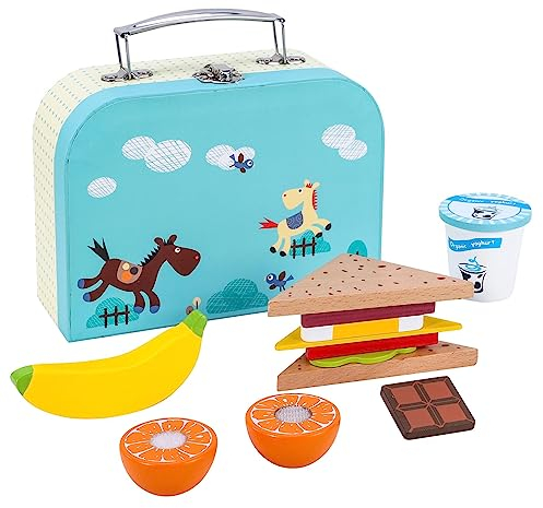 SOKA Wooden Lunchbox Sandwich Set Traditional Lunch Box with Play Food Sandwich Banana Yogurt Pretend Role Play Game Educational Development for Kids Children Girls Boys 3 years old +